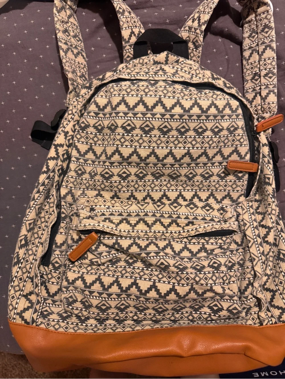 Canvas Aztec Pattern Backpack with Tan Leather Trim